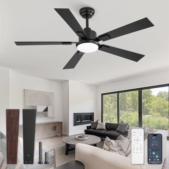 Zardon 52 Inch Modern Ceiling Fan with Light and Remote & APP Control, Adjustable Downrod Mount, 6 Speeds, Ultra Quiet DC Motor, Reversible Black/Walnut Blades