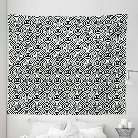 Abstract Tapestry, Optical Illusion Effect Fish Scale Monochrome Pattern with Repeating Swirls, Fabric Wall Hanging Decor for Bedroom Living Room Dorm, 5 Sizes, Black and White, by Ambesonne
