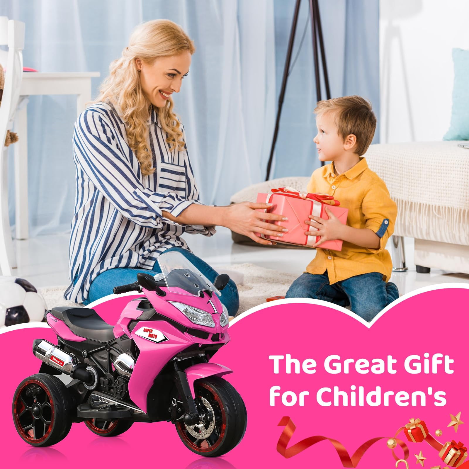 HTW12V Kids Ride On Motorcycle, 3-Wheel Electric Bike for Boys & Girls with LED Lights, MP3 Player, Safety Design, Gift for Ages 3-8