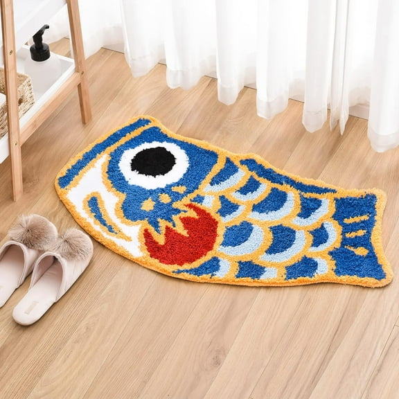 Feblilac Cute Fish Bath Mat For Bathroom, Japanese Koi Flag Soft Water Absorbent, Non-Slip, Machine Washable (Blue)