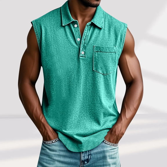 UQJfacai Sleeveless Shirts for Men Distressed Washed Tank Tops Henley Lapel Button V Neck Shirt Vintage Solid Tee Tops with Pocket M-3XL