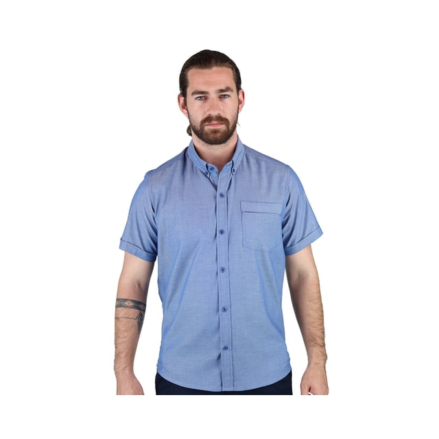 Camisa Manga Corta Azul Jaspe Slim Fit Con Bolsa Semi Oculta Para Hombre