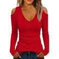 thumbnail image 2 of Cold Shoulder Ribbed Top for Women Long Sleeve Slim Fit Deep V Neck Fitted Knit Shirt Fall Versatile Comfy Casual Basic Blouse Red XXL, 2 of 7