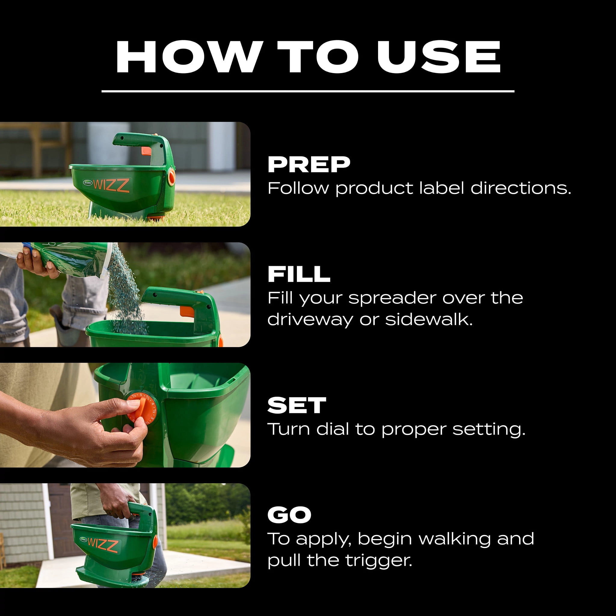 Scotts Wizz Spreader for Seed, Fertilizer, Salt and Ice Melt, Holds up to 2,500 sq. ft. of Product