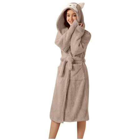 

Women S Double Pocket 3d Ear Hooded Flannel Bathrobe Soft And Warm Double Faced Velvet Bathrobe Pajamas And Home Wear Wrap around Bath Towels for Women