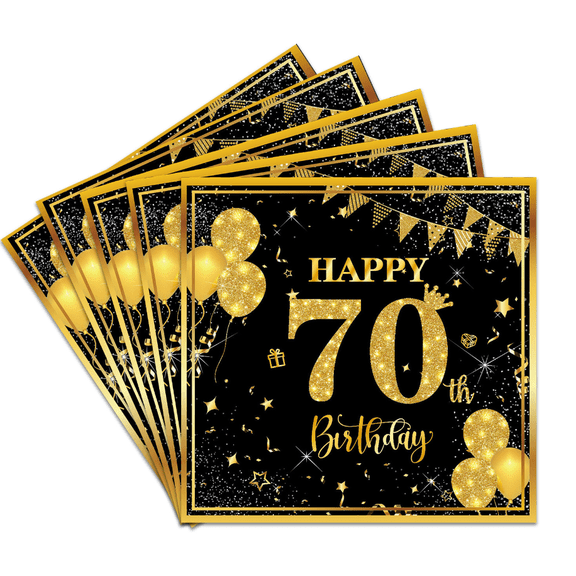 20pcs Disposable Paper Napkins, Black Gold Glitter Happy 70th Birthday Cocktail Napkins, Crown Balloon Bunting Star Print for 70th Birthday Party Table Supplies
