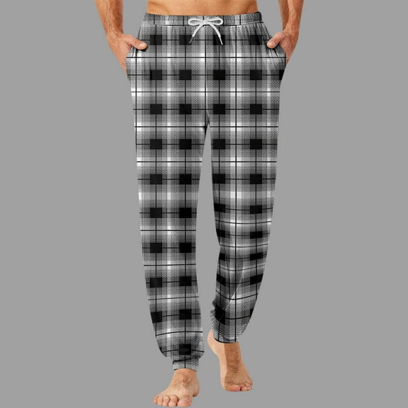 Kalauyu Mens Plaid Jogger Pants with Elastic Waist Drawstring Trousers Loose Fit Casual Pants with Ankle Cuffs and Pockets