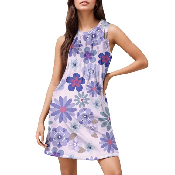 Women's Summer Casual Flowy Beach Dress Elegant Printed Sleeveless Midi Dress with Crew Neck for Outfit