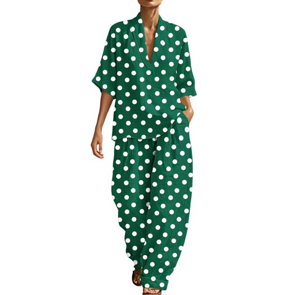 Women's Dressy Polka Dots 2 Piece Outfits - V Neck Shawl Collar Blouses & Wide Leg Pants Lounge Sets with Pockets