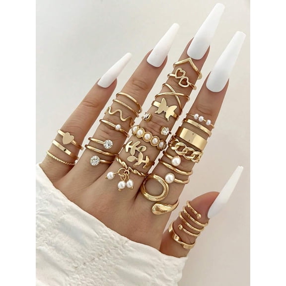 Gold Ring Set With Pearl, Rhinestone And Charm Details