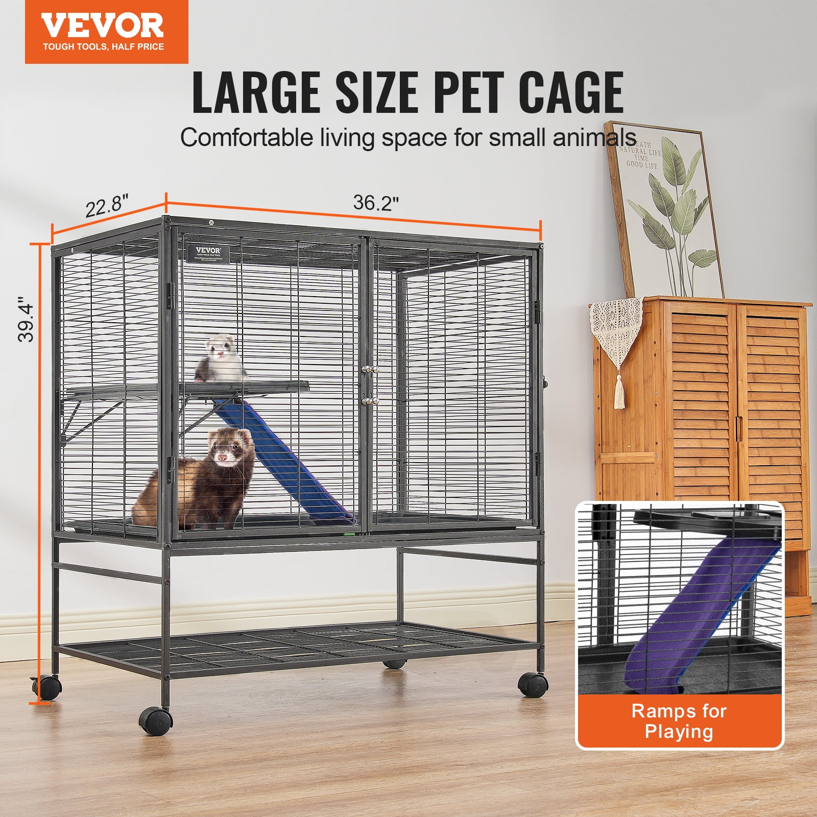 VEVOR 39" Rolling Metal Ferret Cage, Large 2-Tier Small Animal Cage with Ramps & Tray, Easy to Set up for Pet Rats, Hamster, Guinea Pig, Chinchilla, Squirrel, Hedgehogs, Bunny