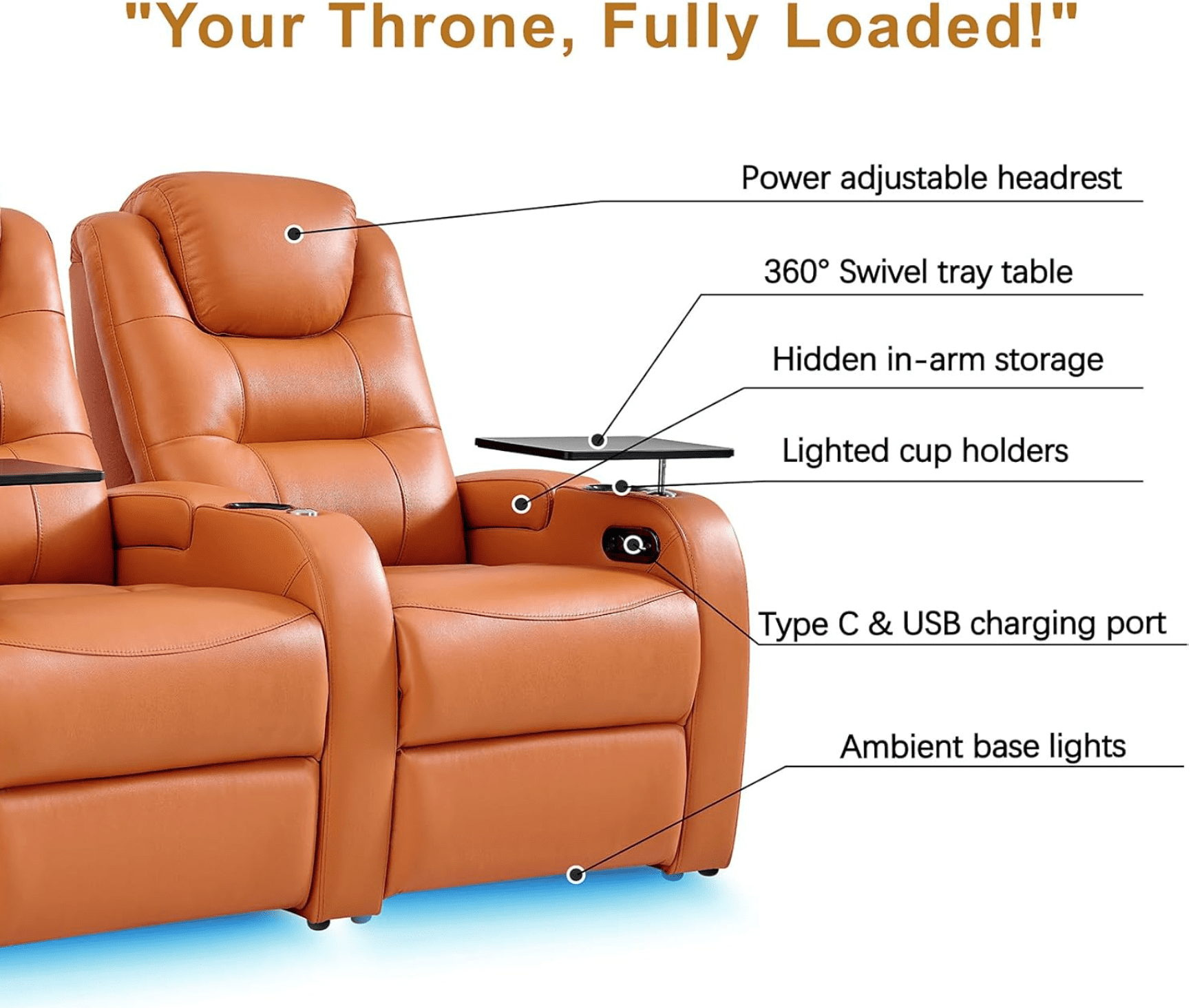 comfiroom Leather Home Theater Seating, Simple Style Top Grain Leather Game Seats Movie Theater Chairs Recliner Sofa with Type-C USB Charger (Orange, Row of 3)