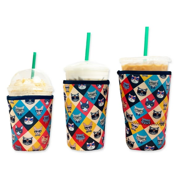 Baxendale and Co 3-Pack (16-32oz) Reusable Neoprene Insulator Sleeve for Iced Coffee or Cold Beverage Cups (Sunglass Cat)