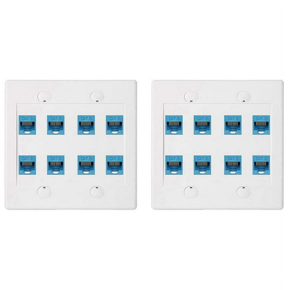 2X Ethernet Wall Plate 8 Port - Double Gang Cat6 RJ45 Network Cable Faceplate Female to Female - Blue
