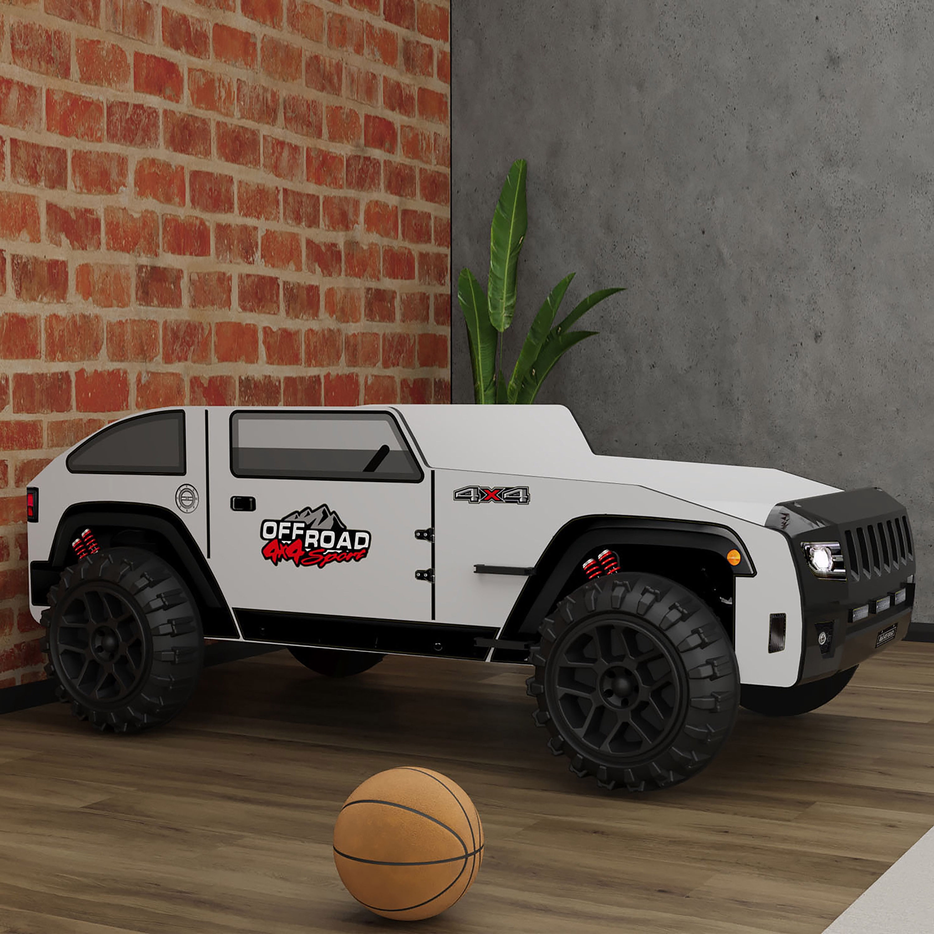 Furniture of America Adventure Kids Twin ABS Plastic Platform Bed with LED Headlights, Jeep Design, Black and White