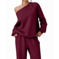 thumbnail image 2 of Women'S 2 Piece Outfits Off the Shoulder Crop Top Wide Leg Sweatpants Matching Lounge Sets Wine Red XL, 2 of 8
