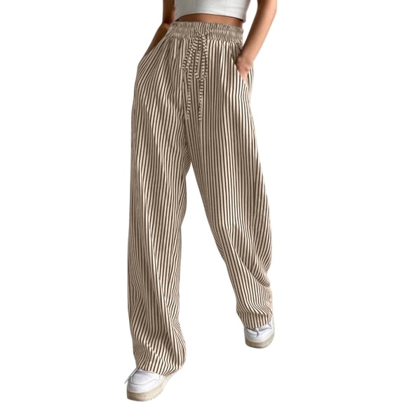 hoksml Women's Drawstring Waist Striped Wide Leg Pants, Casual Stretchy Trousers with Pockets