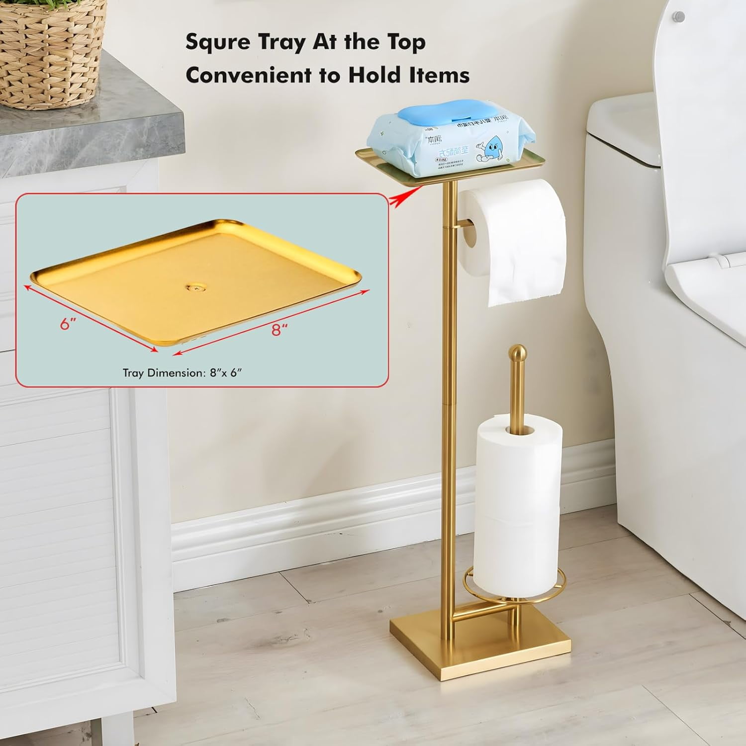 Toilet Paper Holder with Tray at The Top, Heavy-Weighted Base No Wobbly, Freestanding Toilet Paper Rolls Stand, Hold Extra 3 Paper Rolls On The Base (Gold)