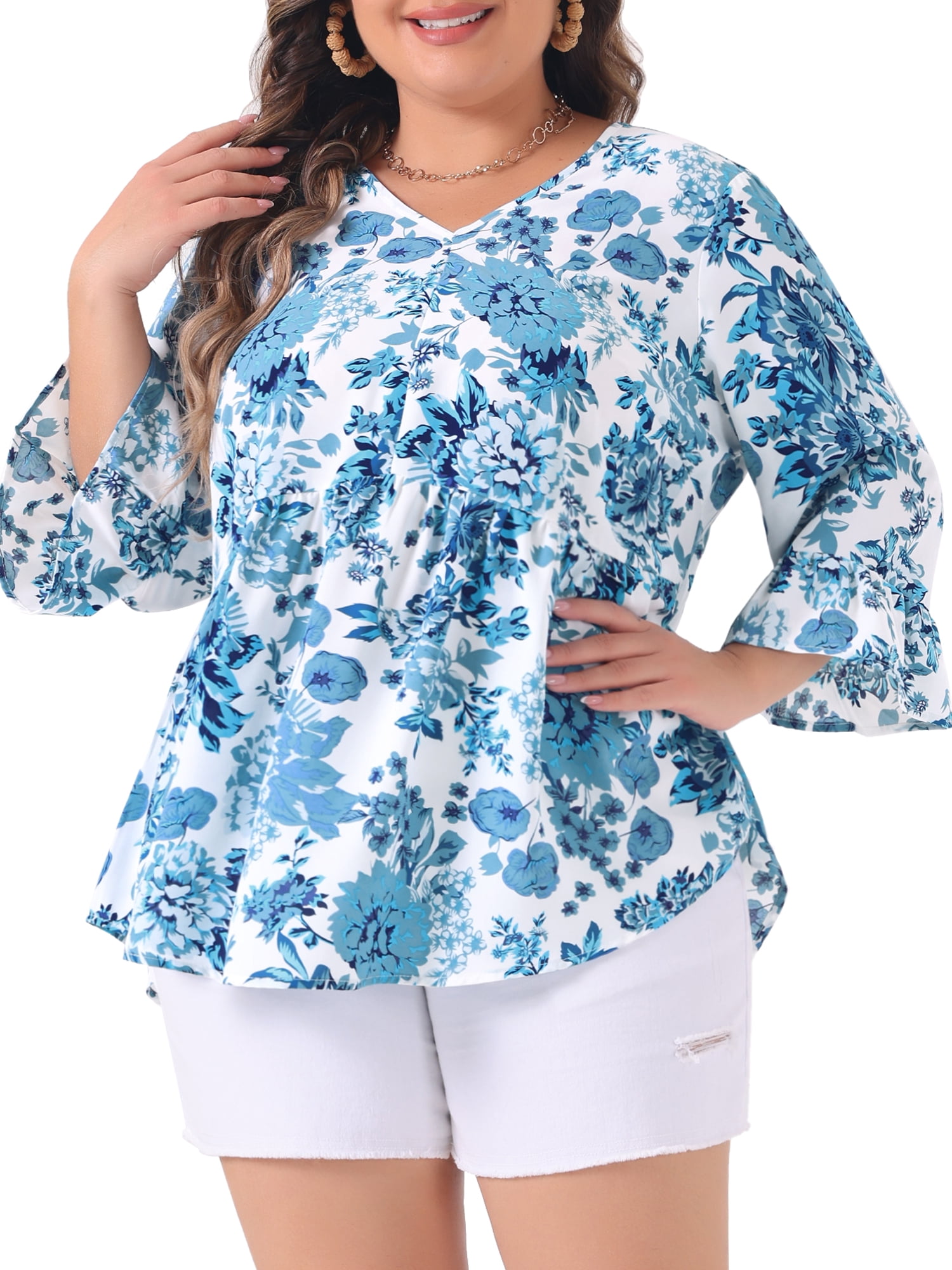 Women's Plus Floral Blouses V Neck Ruffle 3/4 Sleeve Babydoll Peplum Tops 3X Blue