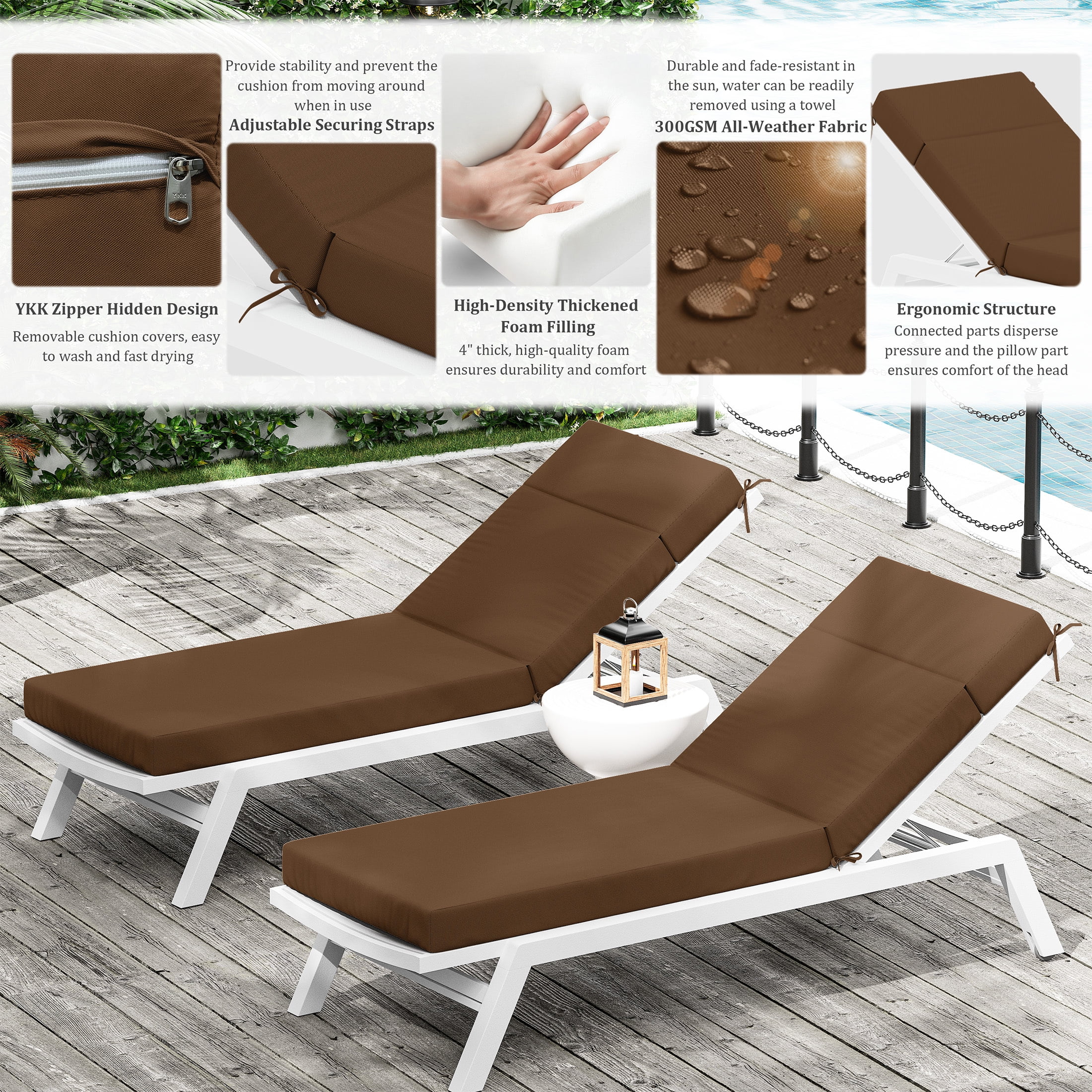 Pakunoda Chaise Lounge Cushions Set of 2, 72" x 21" x 4" Outdoor High-Density Foam Patio Furniture Lounger Replacement Cushions with Zipper Ties Water-Resistant for Pool, Chocolate