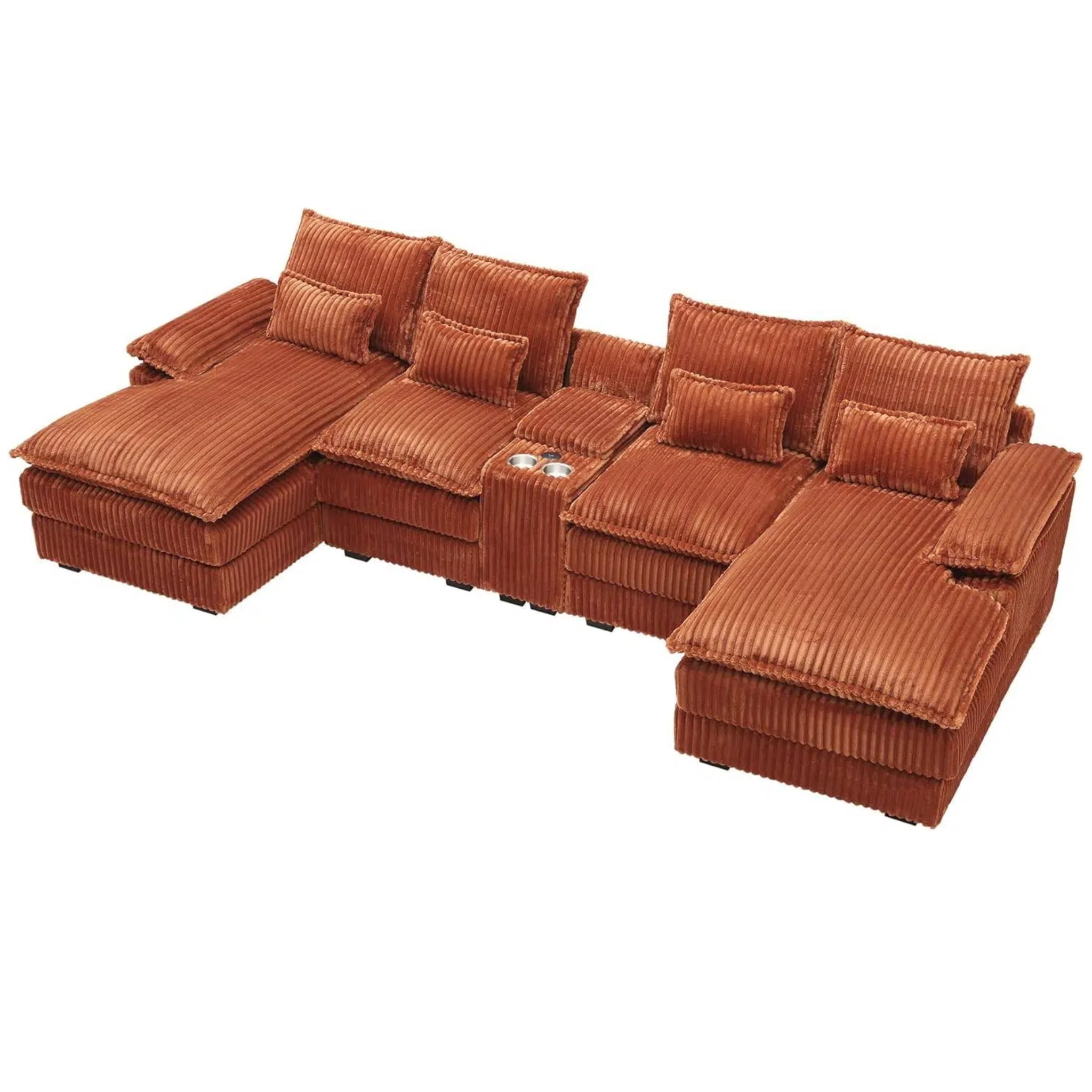 Aisword 124" U Shaped Cloud Couch Sectional with USB Charging, Hidden Storage, Cup Holders & Chenille Double Chaise, Orange