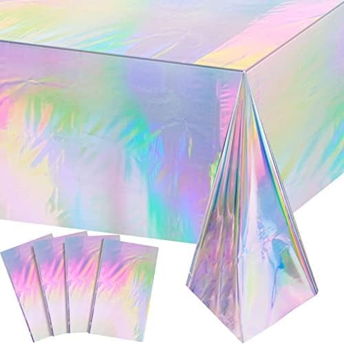 4 Pack Iridescent Holographic Plastic Tablecloths, Disposable Shiny Laser Rectangle Table Covers, Birthday Party Decorative Tablecloths for Party Supplies