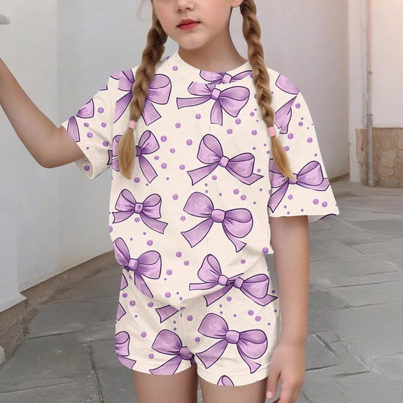 Cethrio Girls Summer Outfit Sets, Fashion Casual Short Sleeve 2 Piece Kids' Clothing Sets Multicolor Size 6