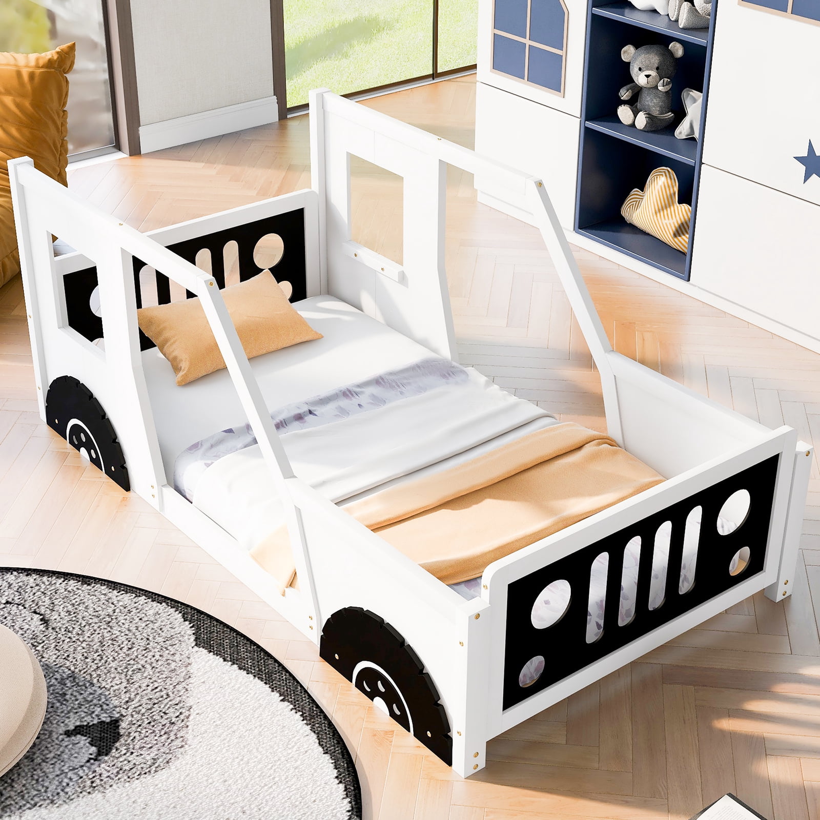 YANSHE Twin Size Bed Frame Car-Shaped, Floor Bed Frame With Wheels And Doors, Wooden Construction, Car Bed Frame, Slats Supports, No Box Spring Needed