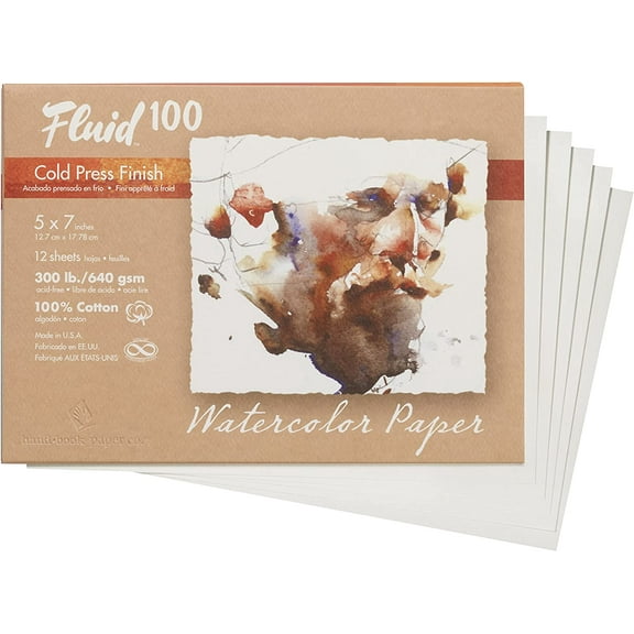 Speedball Fluid 100 Artist Watercolor Paper, 300 lb (640 GSM) 100% Cotton Cold Press for Watercolor Painting and Wet Media, 5 x 7 Pochette, 12 Sheets