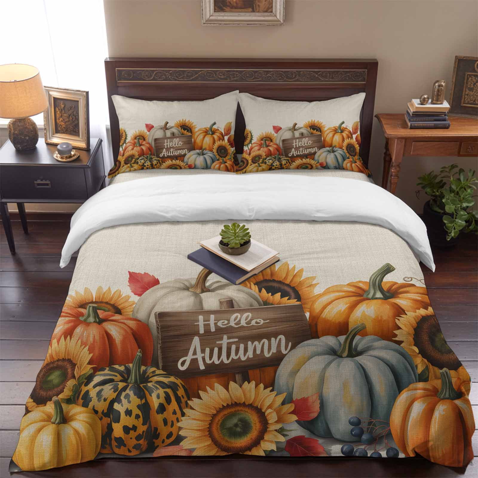 Hellow Fall 4 Piece Bedding Set Pumpkins Sunflowers Linen Texture Queen Size Duvet Cover Set with Zipper Closure & Corner Ties Soft Breathable Comforter Cover for Bedroom