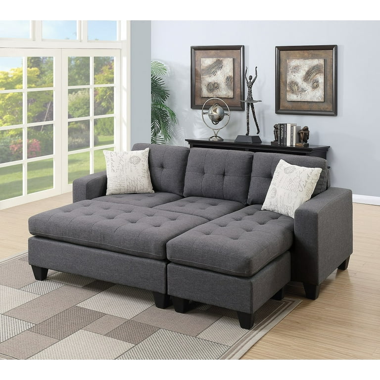 Reversible Sectional w XL Cocktail Ottoman in Blue Grey Linen Like