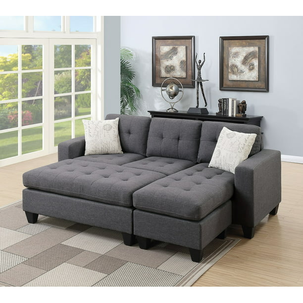 Xl Tail Ottoman In Blue Grey Linen, Small Sectional Sofa With Chaise And Ottoman
