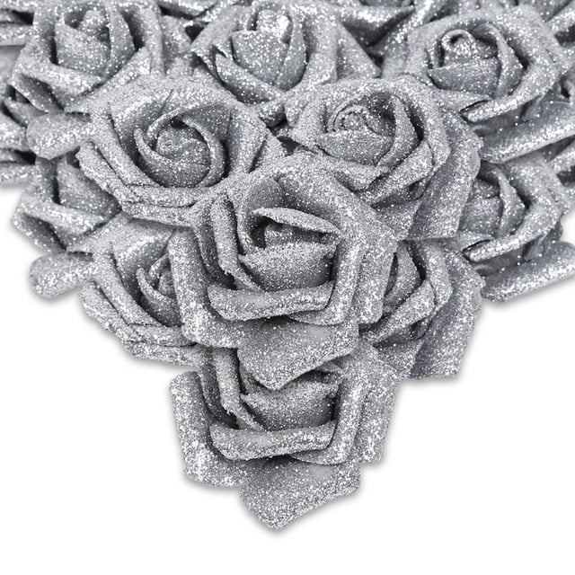 Flores artificiales IPOPU, rosas plateadas con purpurina, 50 unidades