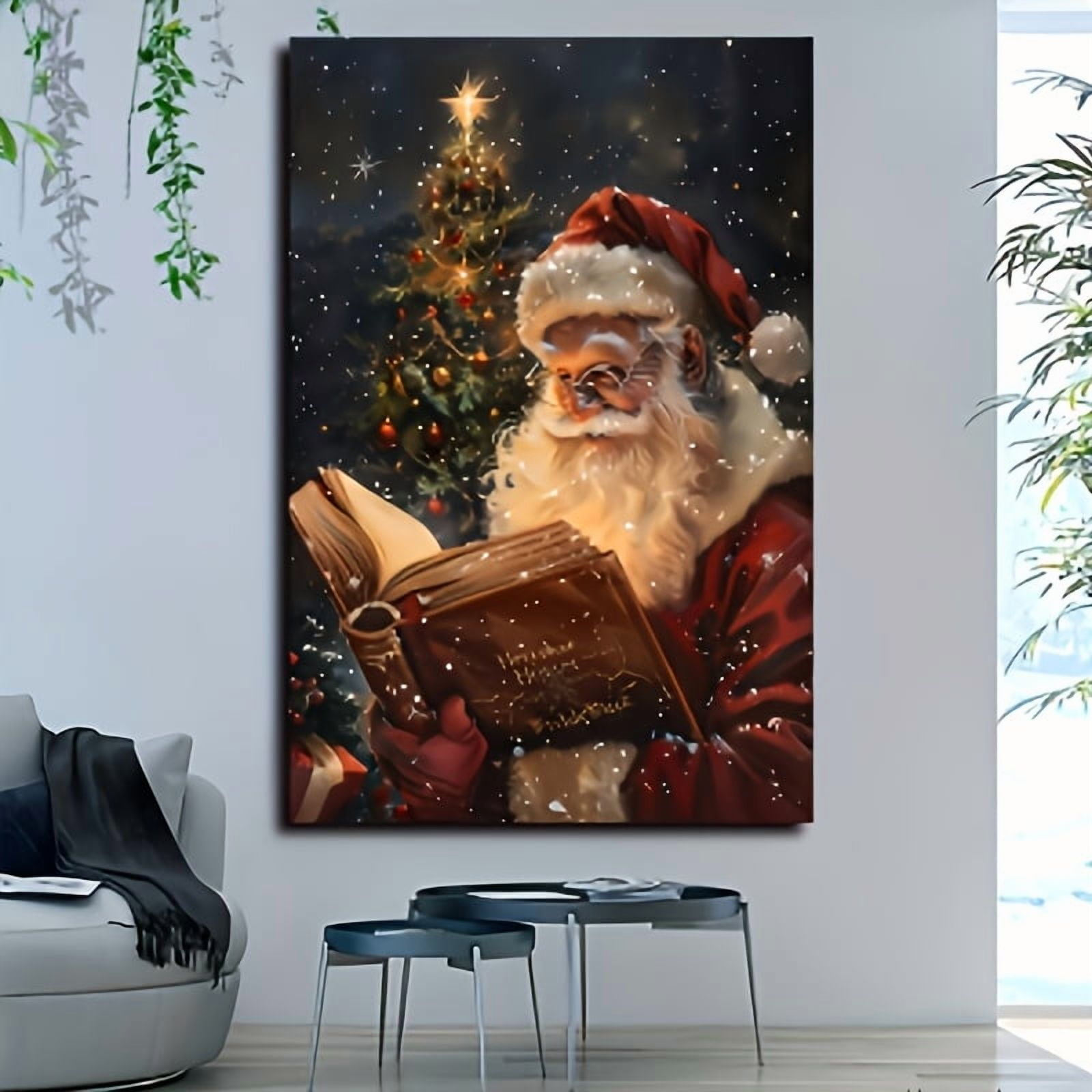 Framed Santa Claus Reading Canvas Wall Art - Waterproof Print, Festive Holiday Decor for Home, Ideal for Christmas & Halloween, Featuring Santa in his Traditional Attire