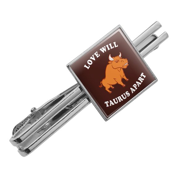 Love Will Taurus Apart Zodiac Bull Tear Us Funny Humor Square Tie Bar Clip Clasp Tack- Silver or Gold