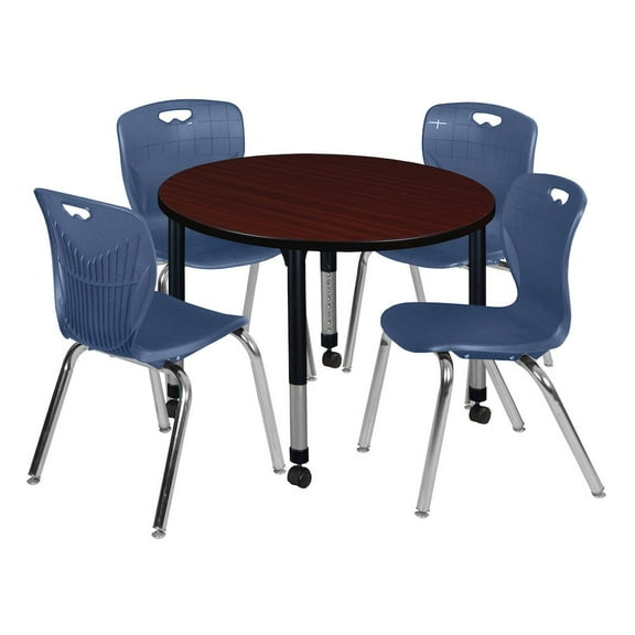 Regency 42 Round Adjustable Classroom Table- Mahogany & 4 Andy 18 Stack Chairs- Blue
