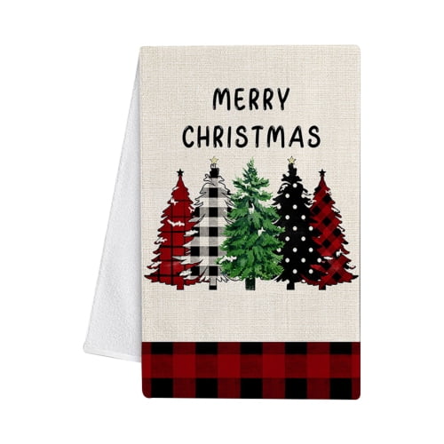 christmas tea towel, charlie brown and co tree farm christmas spirit red buffalo  plaid kitchen towel