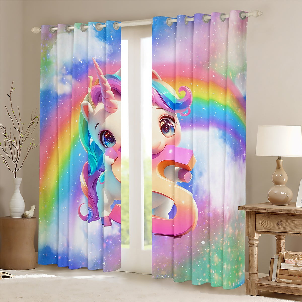 Erosebridal Rainbow S Curtains for Living Room, Initial Letter 30%-50% Blackout Curtains Set of 2 (42x63), Cute Unicorn Curtains and Drapes (42x63), Window Drapes Bedroom Decorative