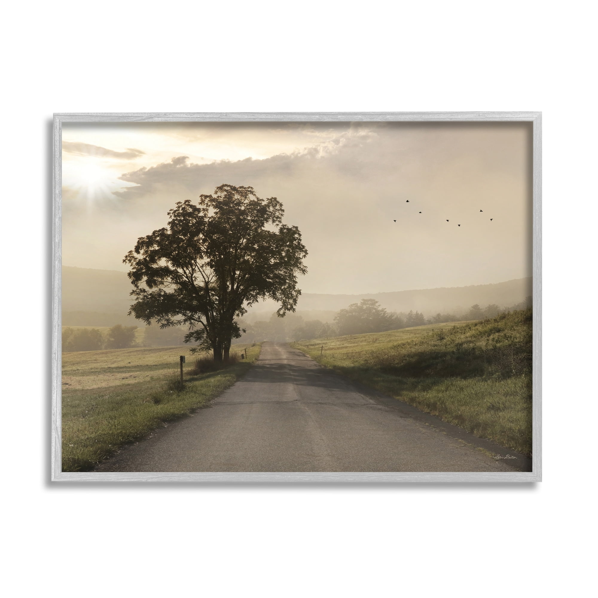 Stupell Industries Lone Tree Quiet Morning Road Rural Landscape Photograph Gray Framed Art Print Wall Art, Design by Lori Deiter