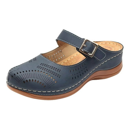 

Ramiter Womens Shoes Women Slip On Sandals Flowers Leather Comfortable Outdoor Wedges Flip Flops Walking Cushioned Padded Casual Summer Shoes Navy