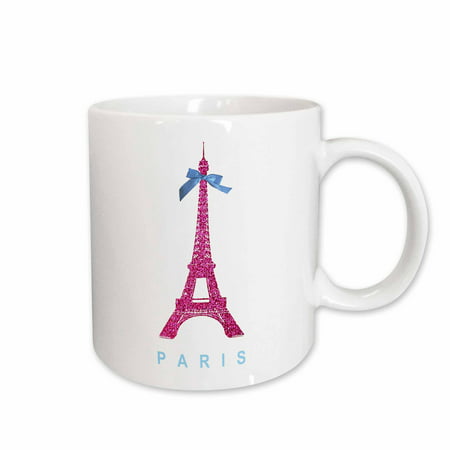 3dRose Hot Pink Eiffel Tower from Paris with girly blue ribbon bow - White stylish Parisian France souvenir, Ceramic Mug,