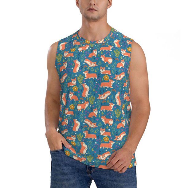Fotbe Corgi with Flowers Men's Camiseta sin Mangas Estampada para Hombres, Playera Casual para Gimnasio, Entrenamiento, Playa-X-Large
