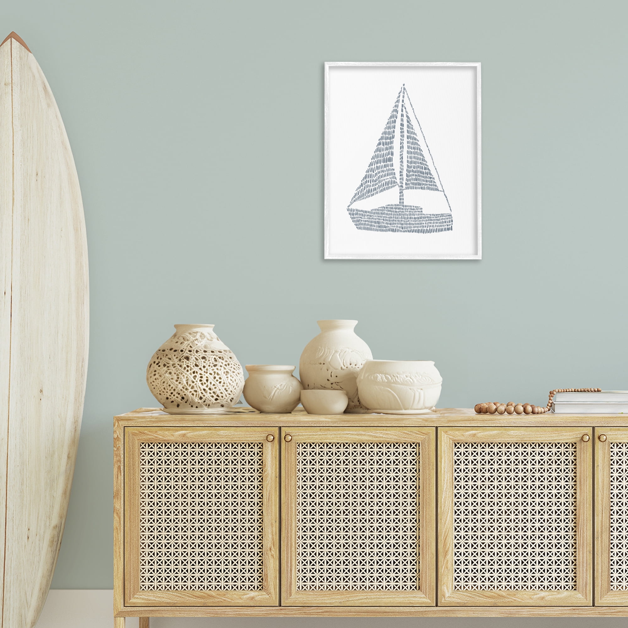 Stupell Industries Minimal Sail Boat Coastal Painting White Framed Art Print Wall Art, 24 x 30