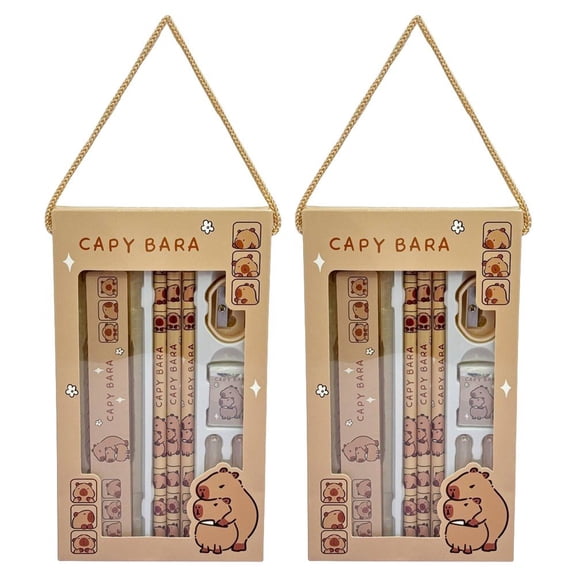 2sets Capybara Stationery Set Cute Stationery Set Include Capybara Pencil, Sharpener, Folding Ruler, Eraser, Pen Cap, for Stationery Supply