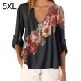 thumbnail image 1 of Blusa Camisa con cuello en V y estampado floral Blusa suelta de manga larga Top de mujer, Negro, 5XL Yuarrent AP002021-08, 1 of 5