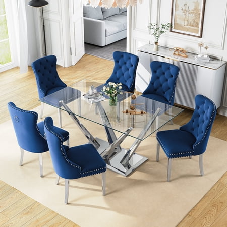 63”Glass Dining Table Set for 6 Modern Rectangle Dining Table with 6 Contemporary Velvet Upholstered Dining Chair with Stainless Steel Leg for Kitchen Dining Room Office Small Spaces Blue