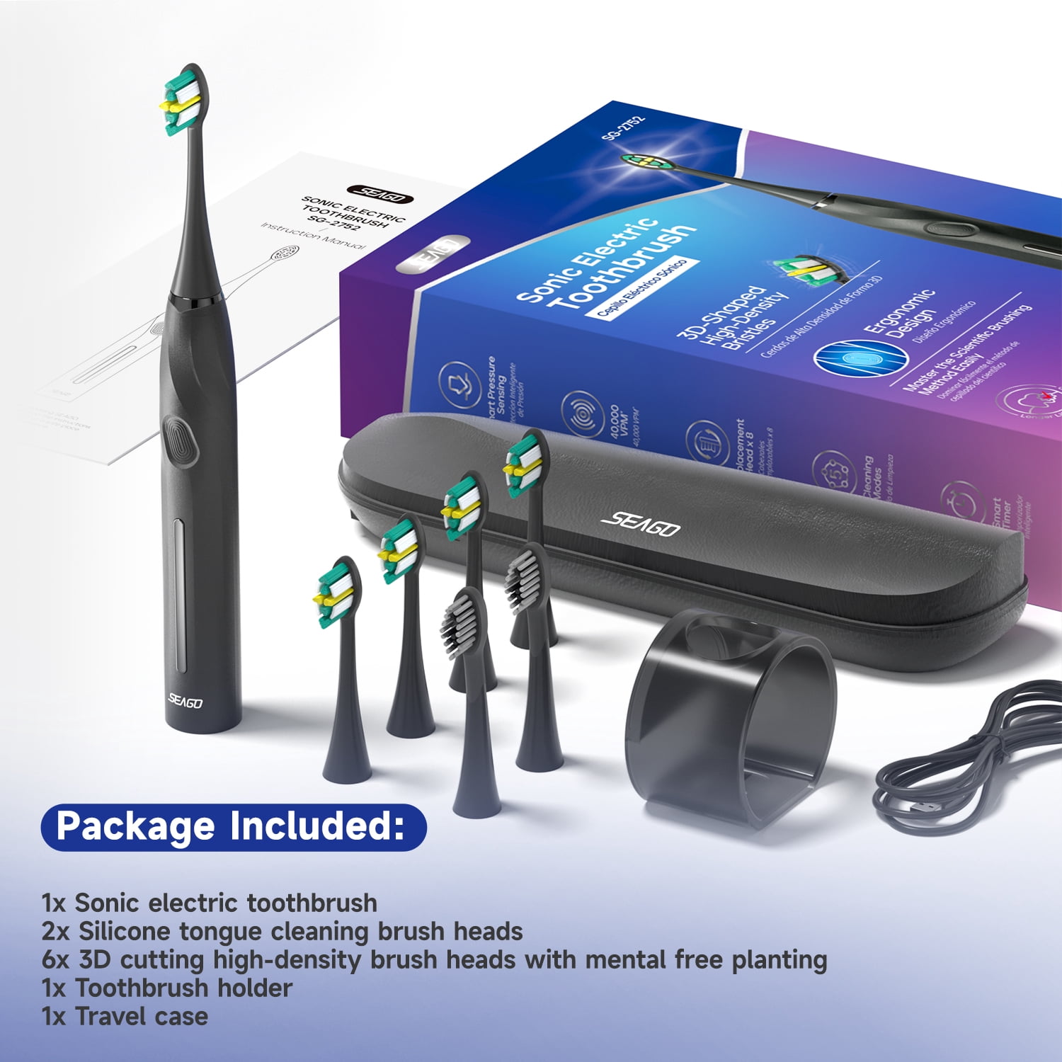 Seago Electric Toothbrush for Adult,Seamless Design,8 Brush Heads,Travel Case and Hold,Black SG2752