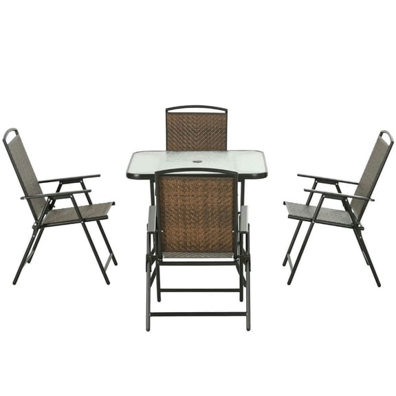 Yardi Yarda 5 Pieces Patio Table and Chairs, Foldable Wicker Dining Table Set with Umbrella Hole, Dark Brown