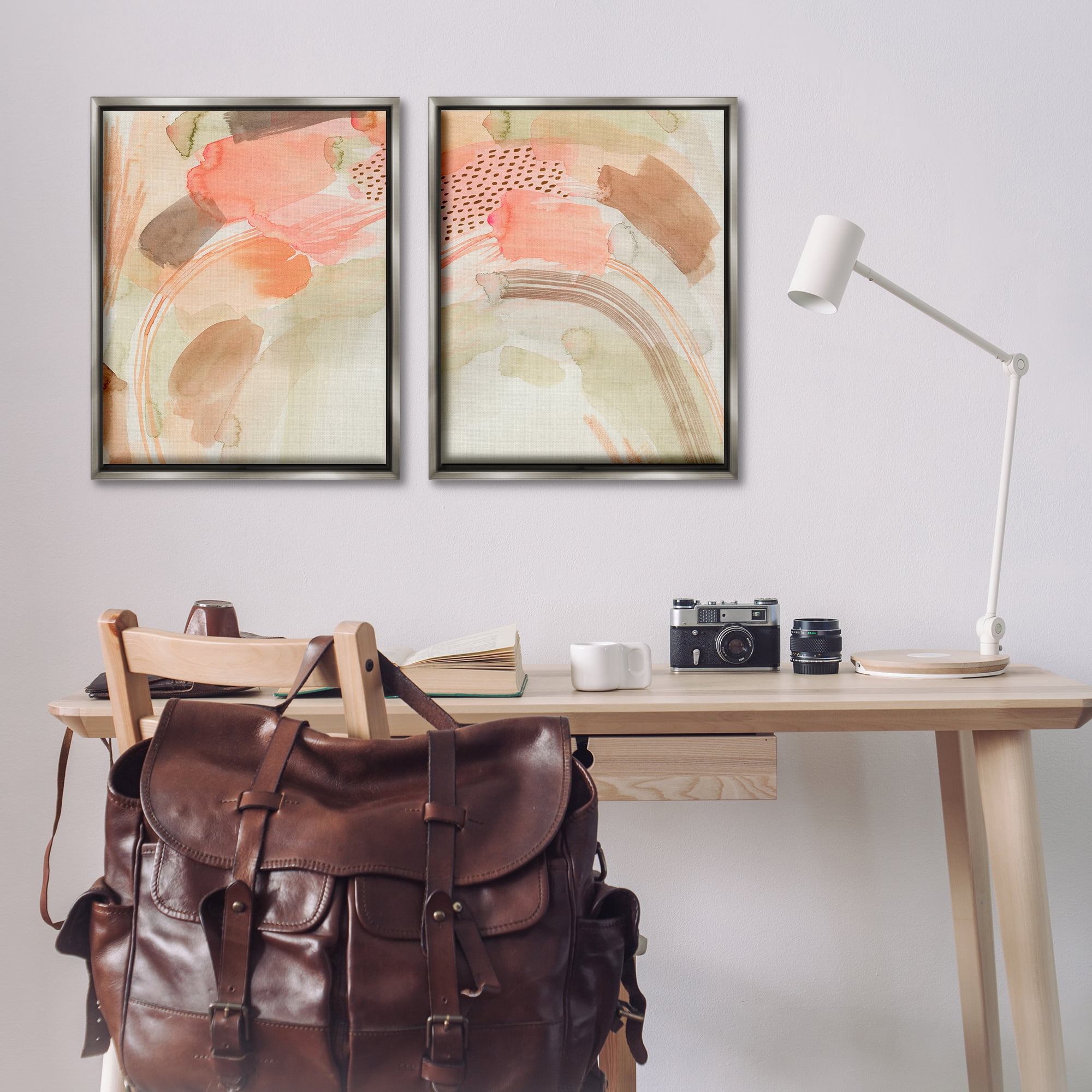 Stupell Industries Pink Peach Abstract Watercolor Abstract Painting Gray Floater Framed Canvas Art Print Wall Art, 31 x 25, Set of 2