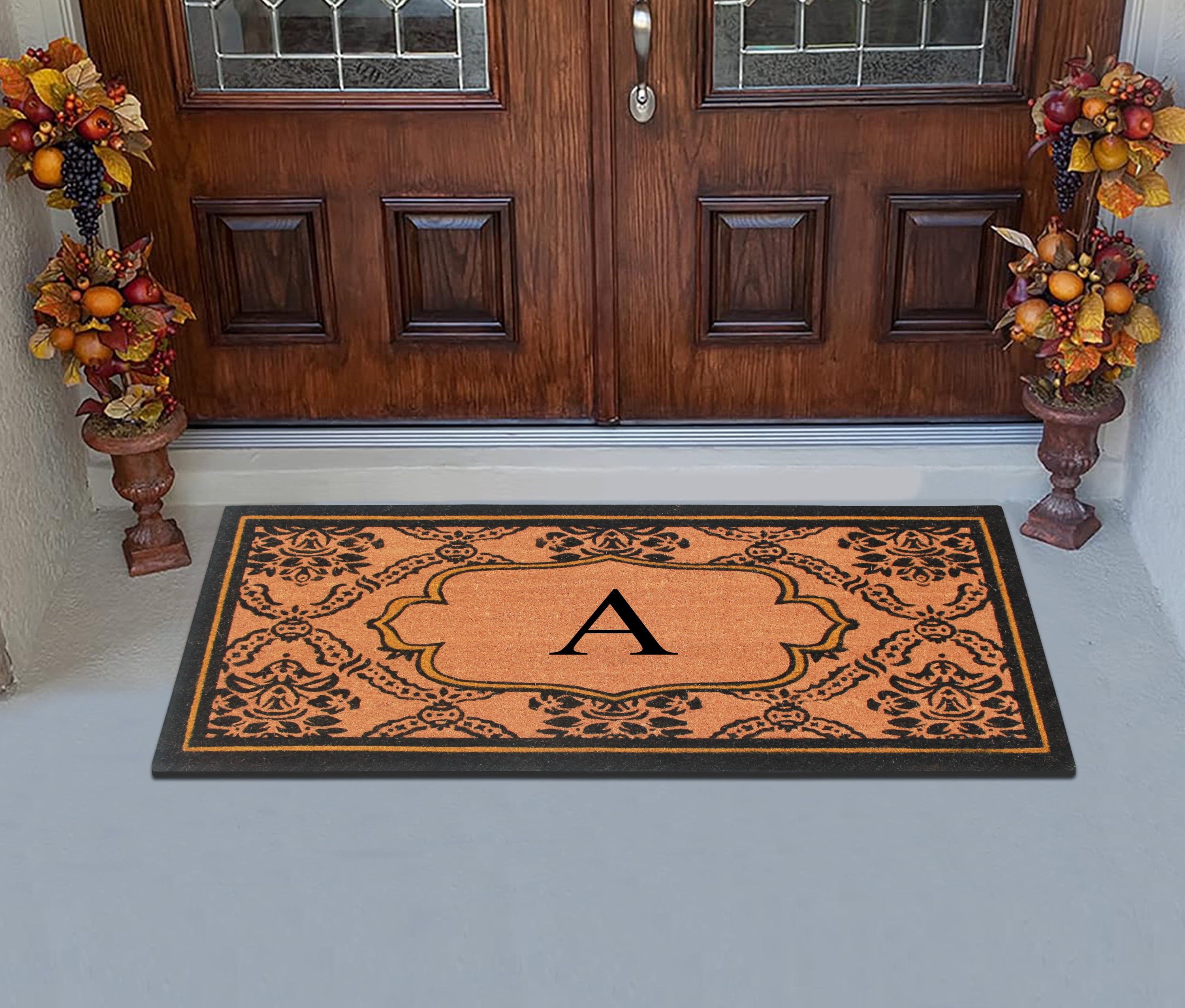 A1HC Natural Coir and PVC Monogrammed Floral Design Door Mat, 30" x 60", Anti-Shed Treated Durable Heavy Duty Front Door Mat for Outdoor Entrance